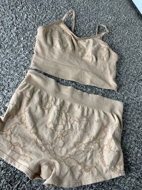 Beige Marble-Print Knit Crop Top & Shorts Set